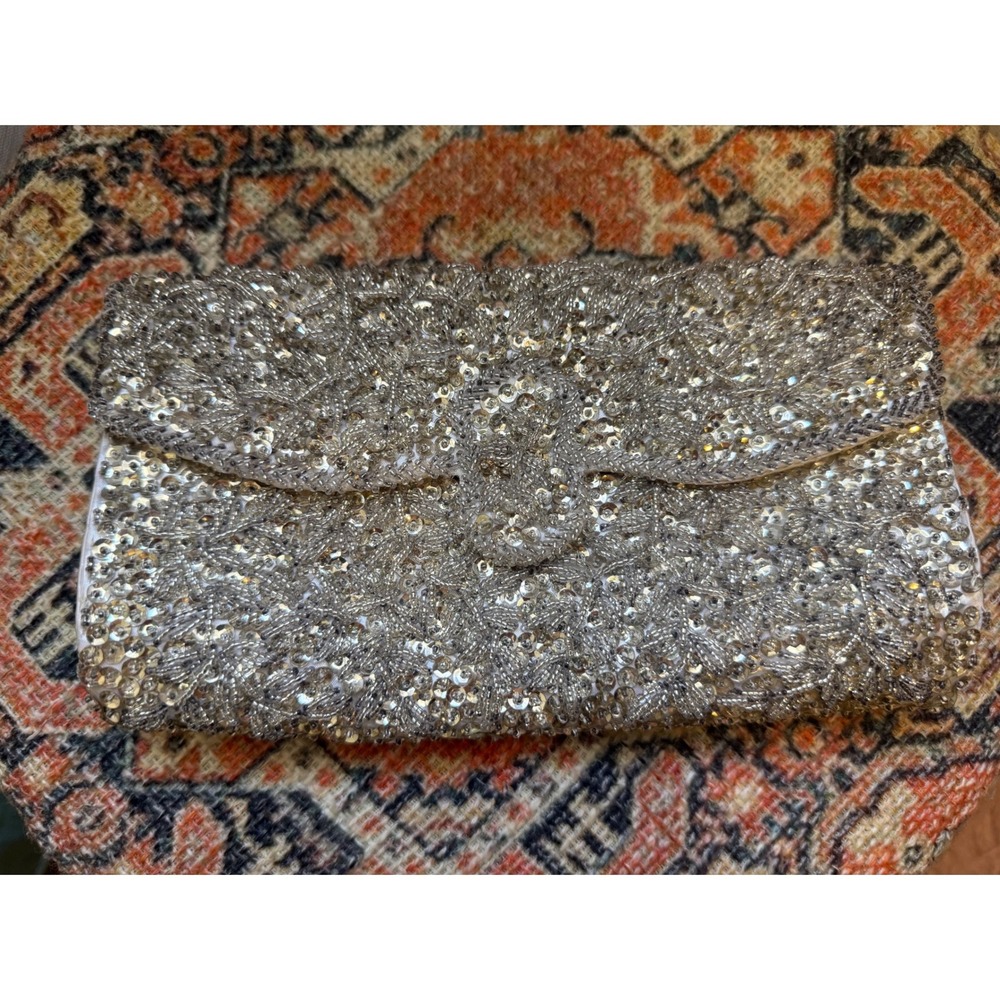 Silver Sequin Beaded Evening Clutch